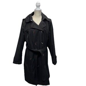 London Fog Black Trench Coat XL Double Breasted Belted Hooded Classic Rain